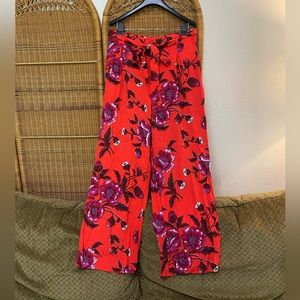 ETT:TWA ANTHROPOLOGIE flowy wide leg floral print flowy pants tie belt summer 8